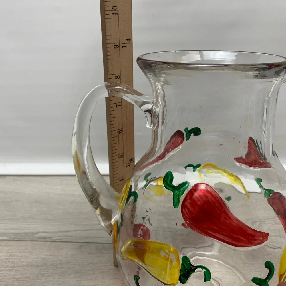 Vintage Hand Painted Chili Pepper Glass Pitcher Red Yellow Southwestern Decor